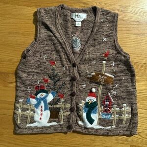 Kikit Tan Knit button up vest with snowmen and birds